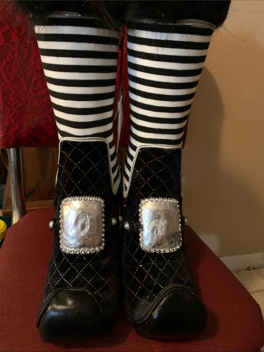 Halloween Decor Witch Striped Black & White Faux-Fur with Curl Toes boots